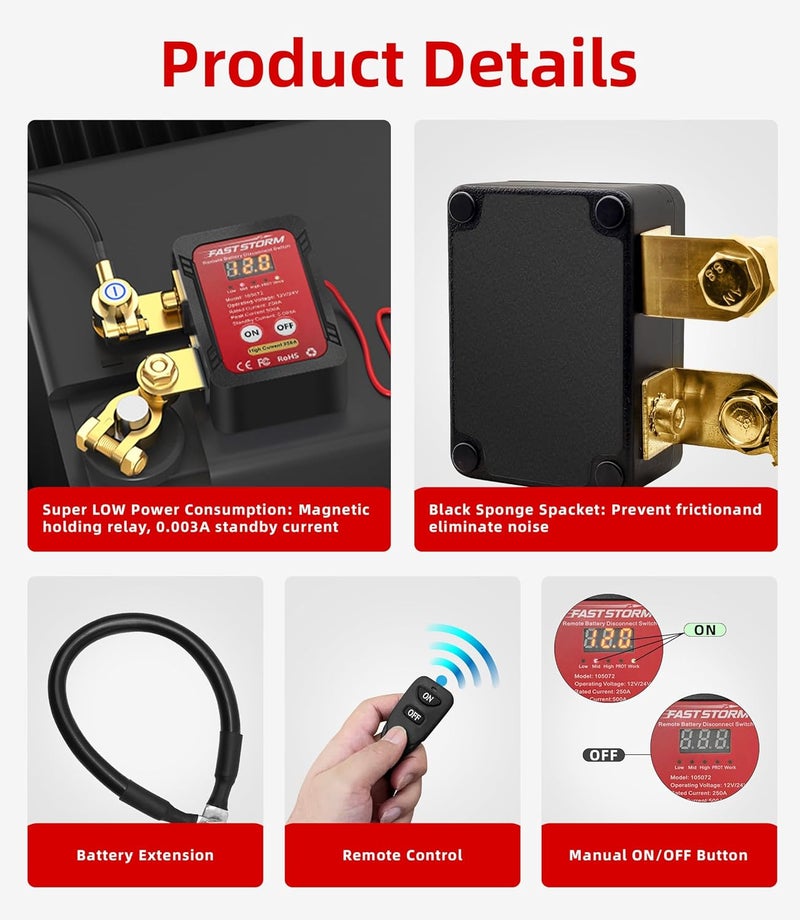 FASTSTORM 250A 12-24V Remote Battery Disconnect Switch with Extra Negative Battery Cable Led Voltage Display Car Anti Theft Kill Switch Automatic Battery Shut Off Switch - Image 4